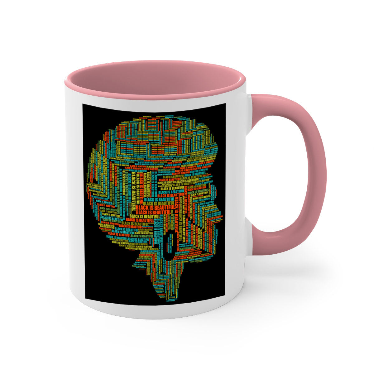 Black is Beautifulii 215# Mug with colorful handle and glossy finish, available in multiple colors and sizes.