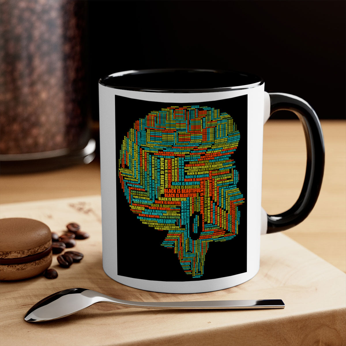 Black is Beautifulii 215# Mug with colorful handle and glossy finish, available in multiple colors and sizes.