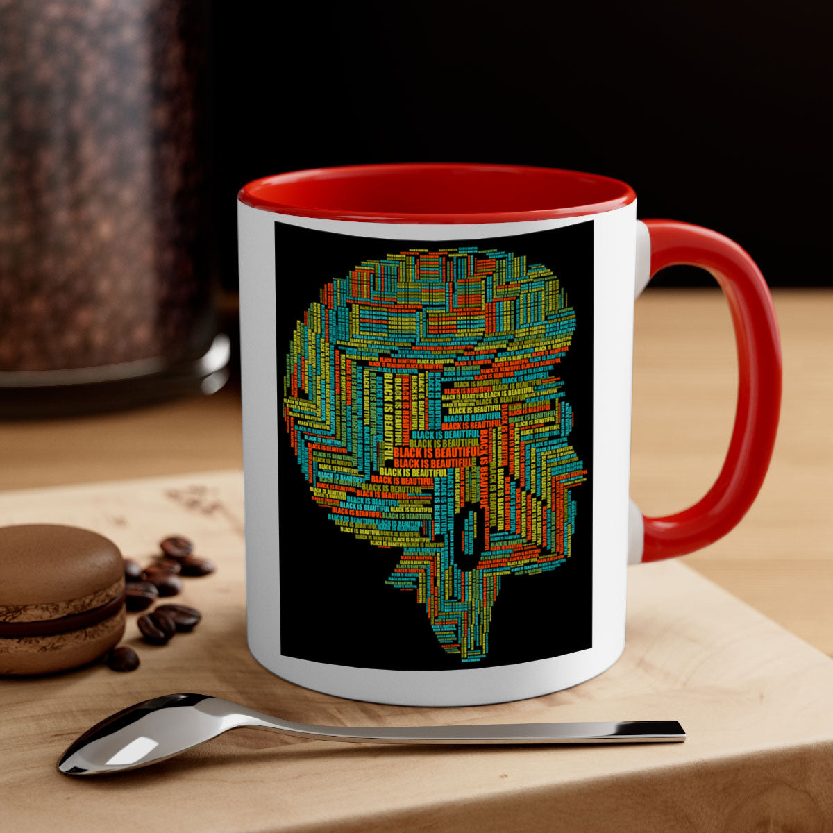 Black is Beautifulii 215# Mug with colorful handle and glossy finish, available in multiple colors and sizes.