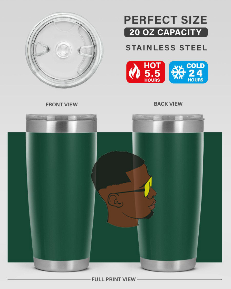 Black man 27# tumbler, 20oz stainless steel with double wall vacuum insulation, featuring a drink-thru lid.