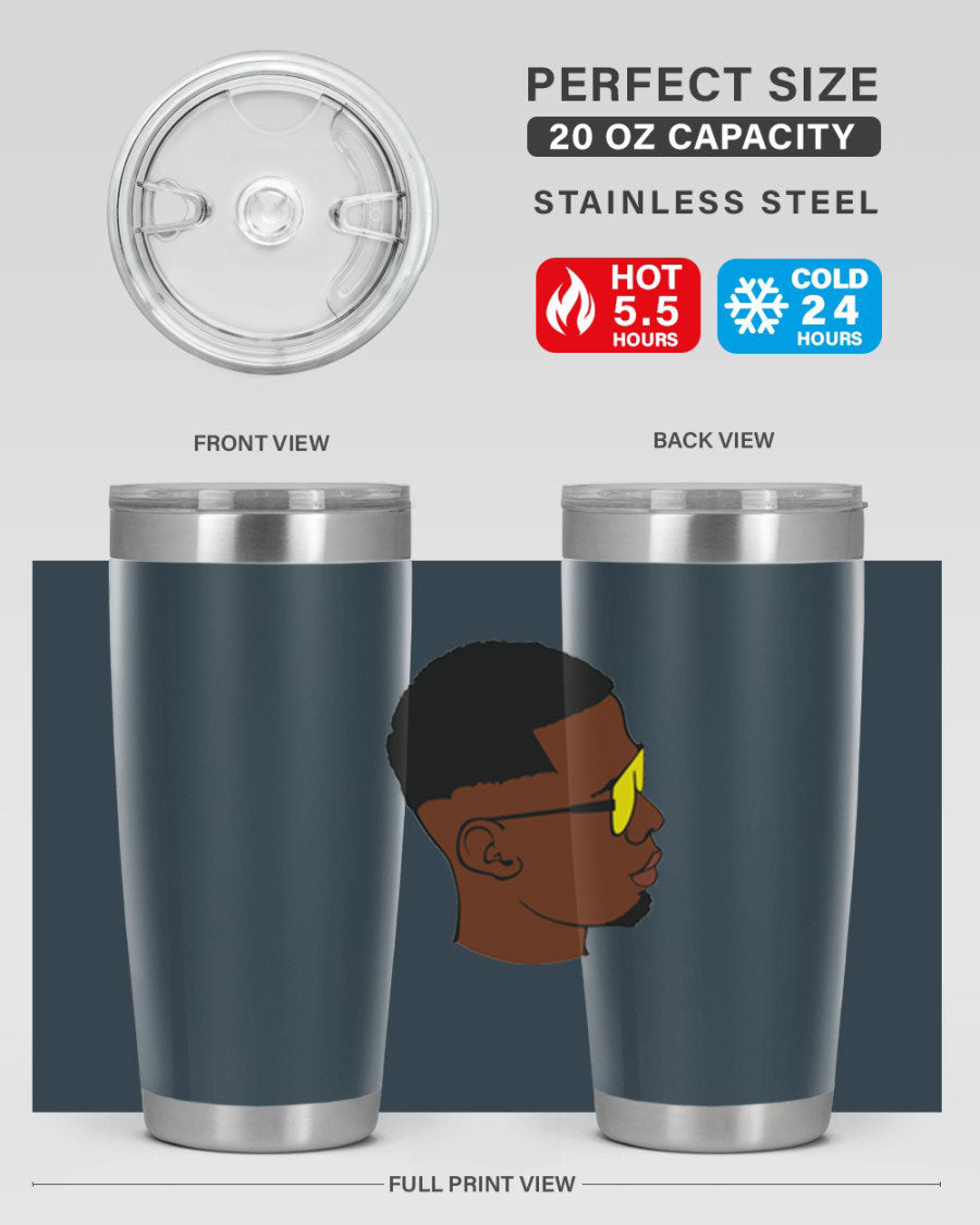 Black man 27# tumbler, 20oz stainless steel with double wall vacuum insulation, featuring a drink-thru lid.