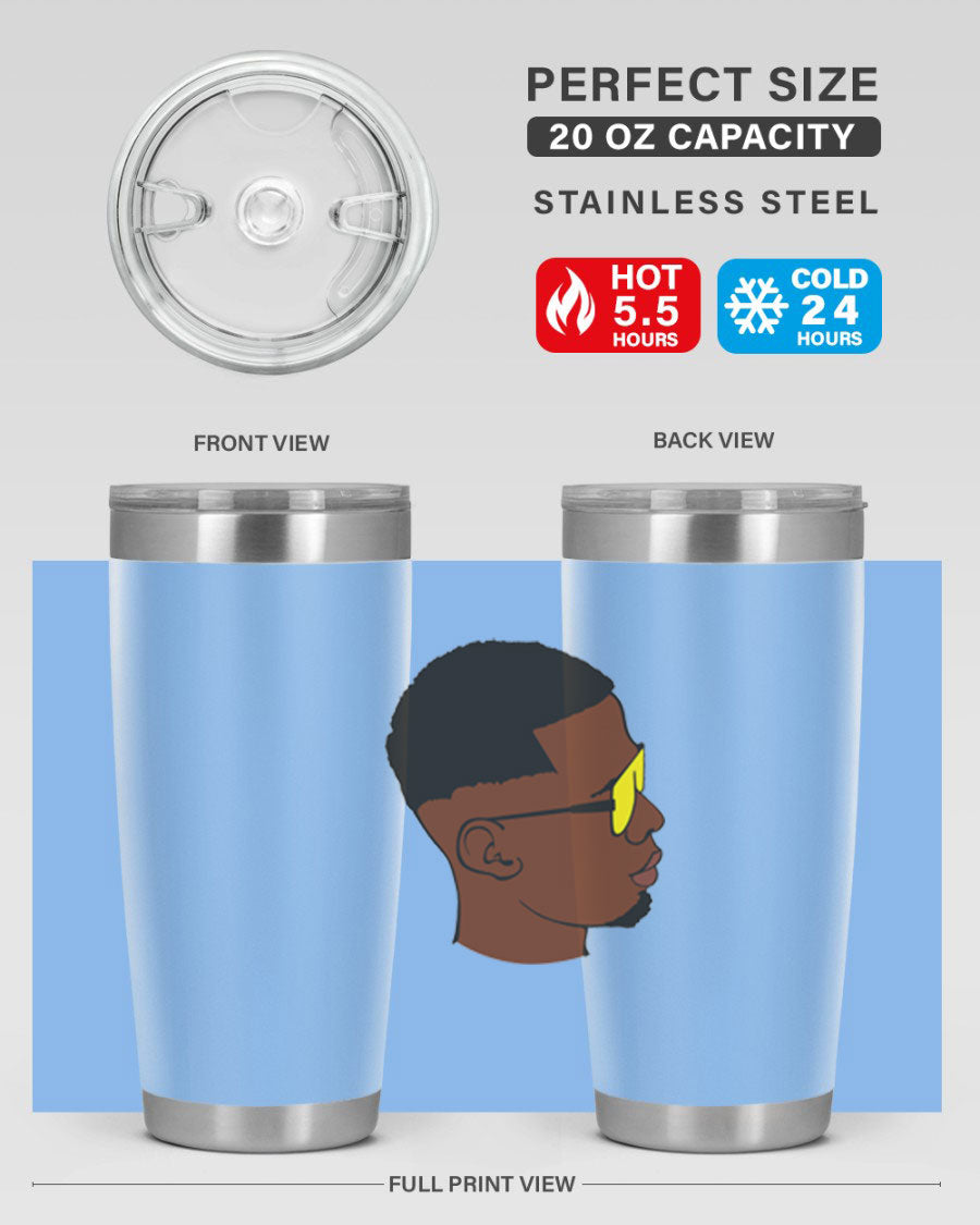 Black man 27# tumbler, 20oz stainless steel with double wall vacuum insulation, featuring a drink-thru lid.