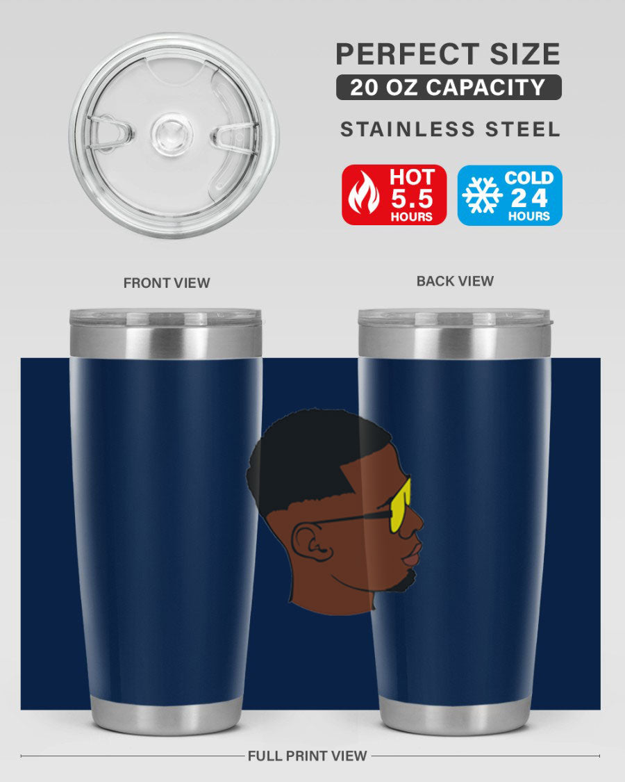 Black man 27# tumbler, 20oz stainless steel with double wall vacuum insulation, featuring a drink-thru lid.