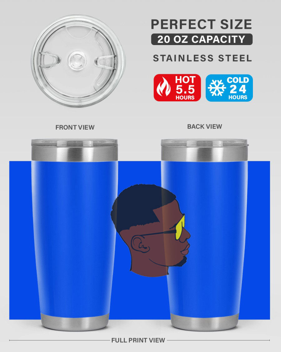 Black man 27# tumbler, 20oz stainless steel with double wall vacuum insulation, featuring a drink-thru lid.