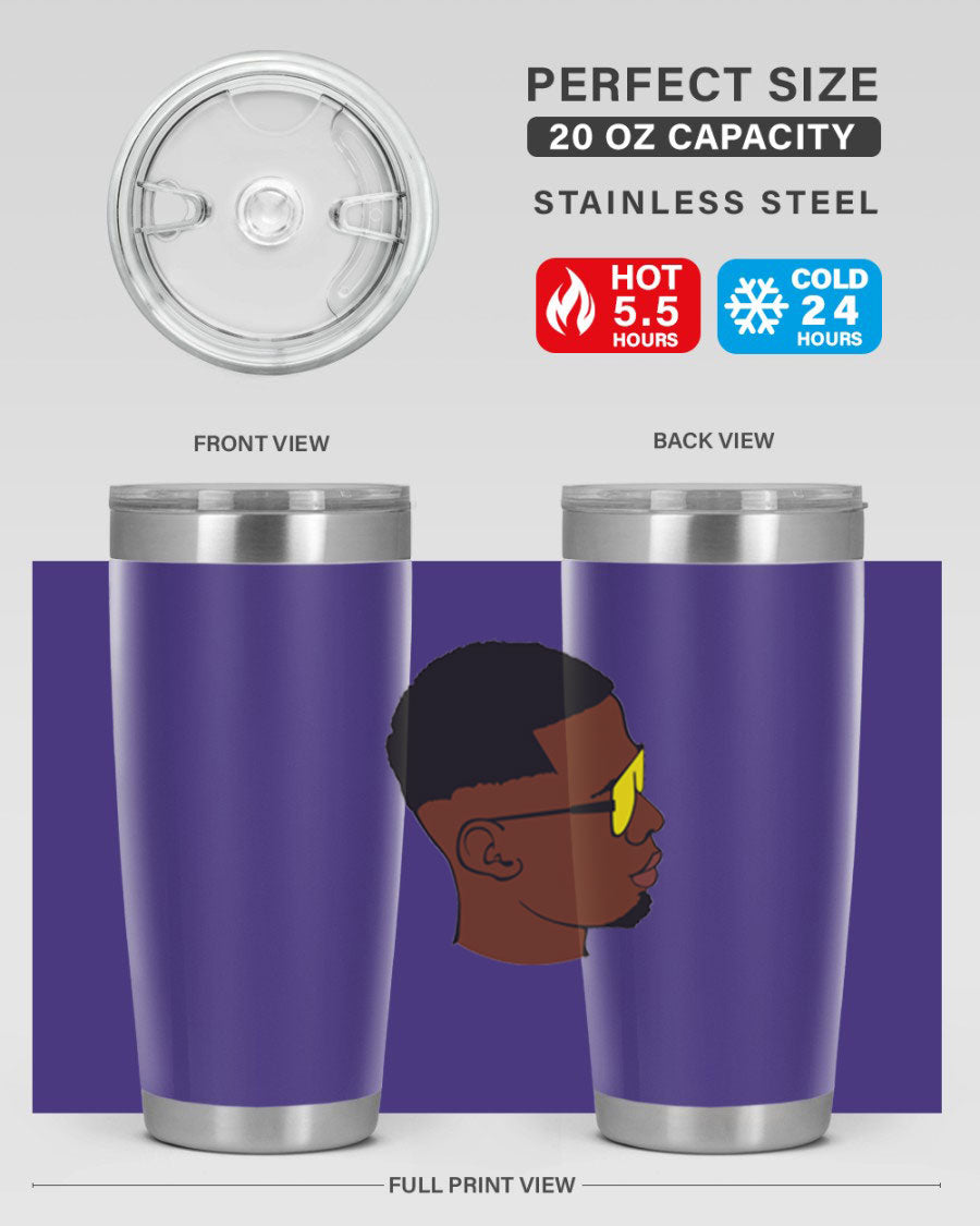 Black man 27# tumbler, 20oz stainless steel with double wall vacuum insulation, featuring a drink-thru lid.