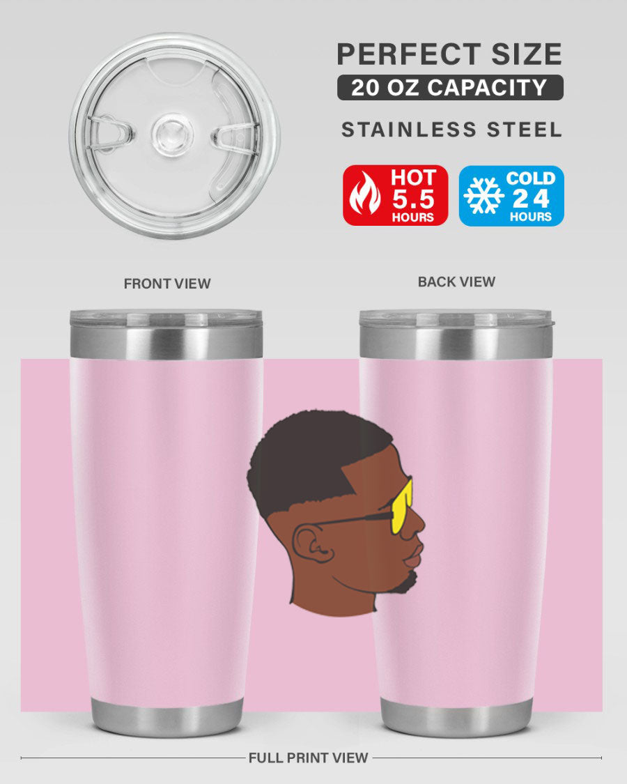 Black man 27# tumbler, 20oz stainless steel with double wall vacuum insulation, featuring a drink-thru lid.