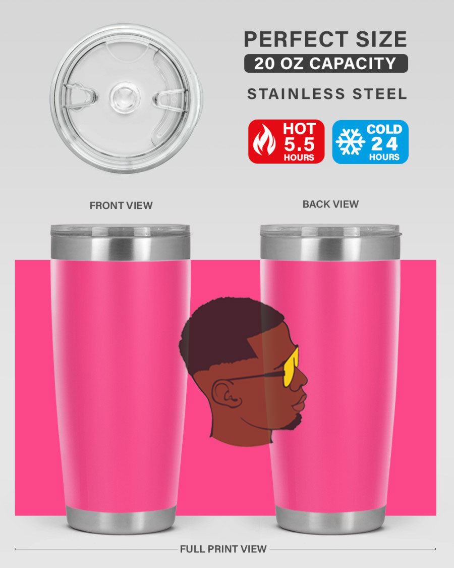 Black man 27# tumbler, 20oz stainless steel with double wall vacuum insulation, featuring a drink-thru lid.