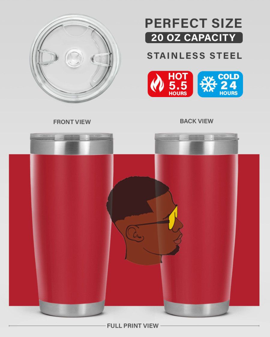 Black man 27# tumbler, 20oz stainless steel with double wall vacuum insulation, featuring a drink-thru lid.