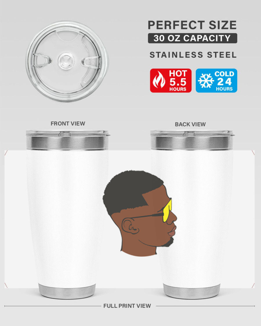 Black man 27# tumbler, 20oz stainless steel with double wall vacuum insulation, featuring a drink-thru lid.