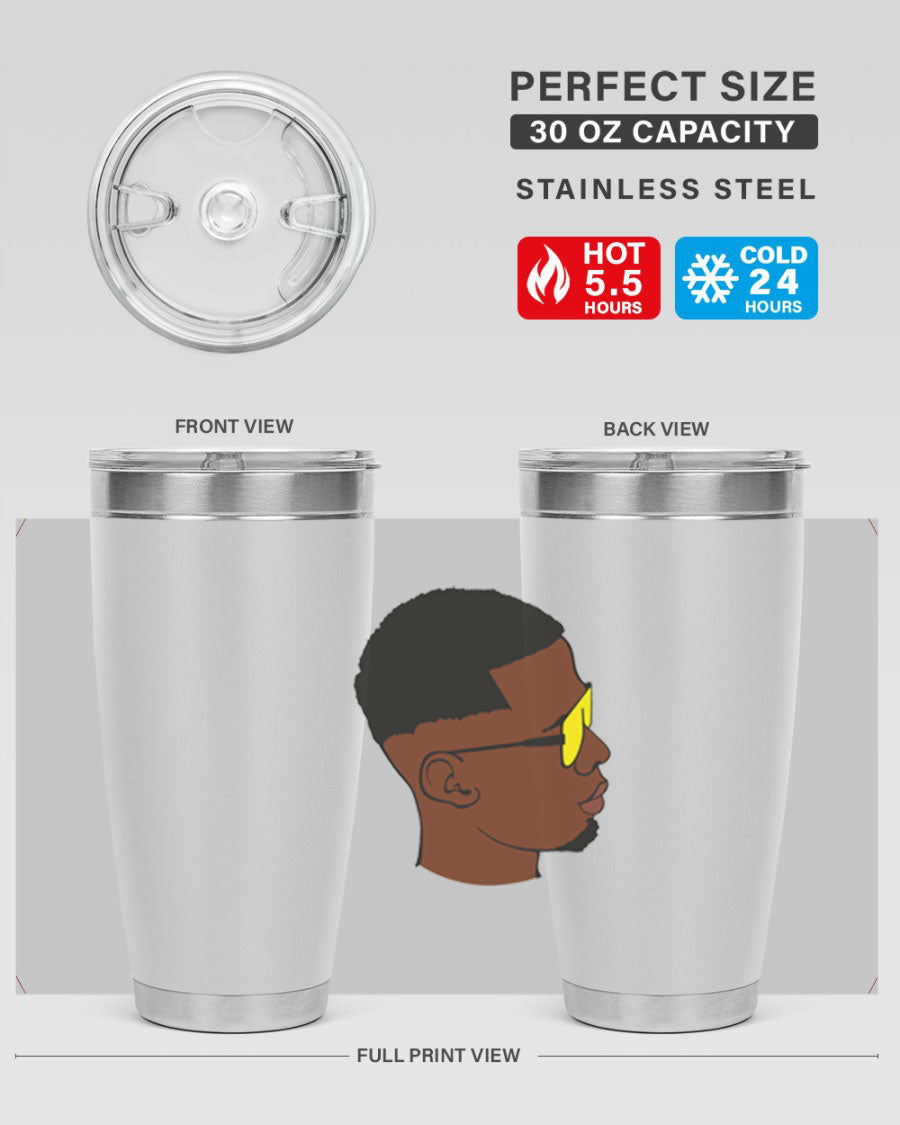 Black man 27# tumbler, 20oz stainless steel with double wall vacuum insulation, featuring a drink-thru lid.