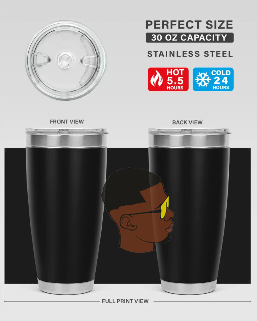 Black man 27# tumbler, 20oz stainless steel with double wall vacuum insulation, featuring a drink-thru lid.