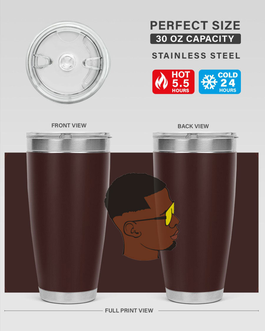 Black man 27# tumbler, 20oz stainless steel with double wall vacuum insulation, featuring a drink-thru lid.