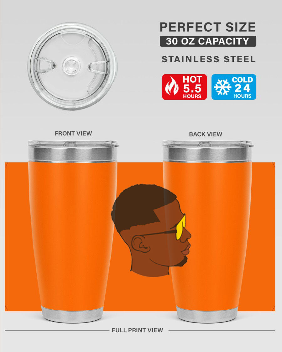 Black man 27# tumbler, 20oz stainless steel with double wall vacuum insulation, featuring a drink-thru lid.