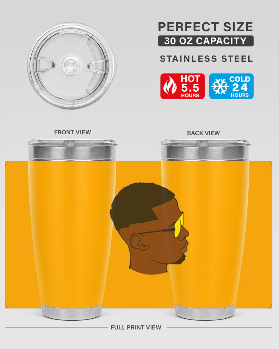 Black man 27# tumbler, 20oz stainless steel with double wall vacuum insulation, featuring a drink-thru lid.