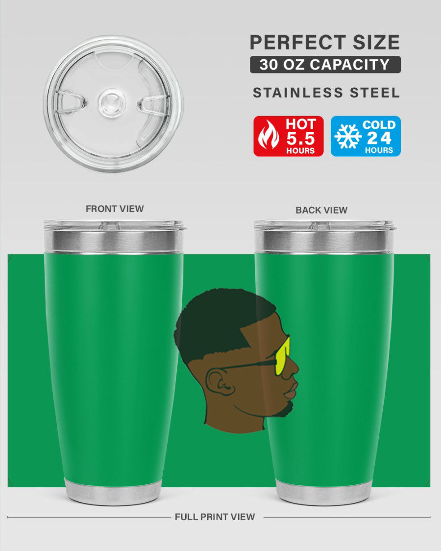 Black man 27# tumbler, 20oz stainless steel with double wall vacuum insulation, featuring a drink-thru lid.