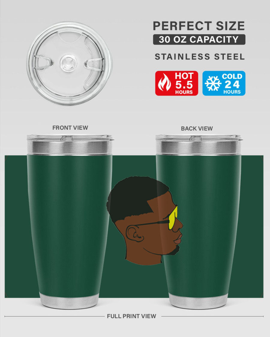Black man 27# tumbler, 20oz stainless steel with double wall vacuum insulation, featuring a drink-thru lid.