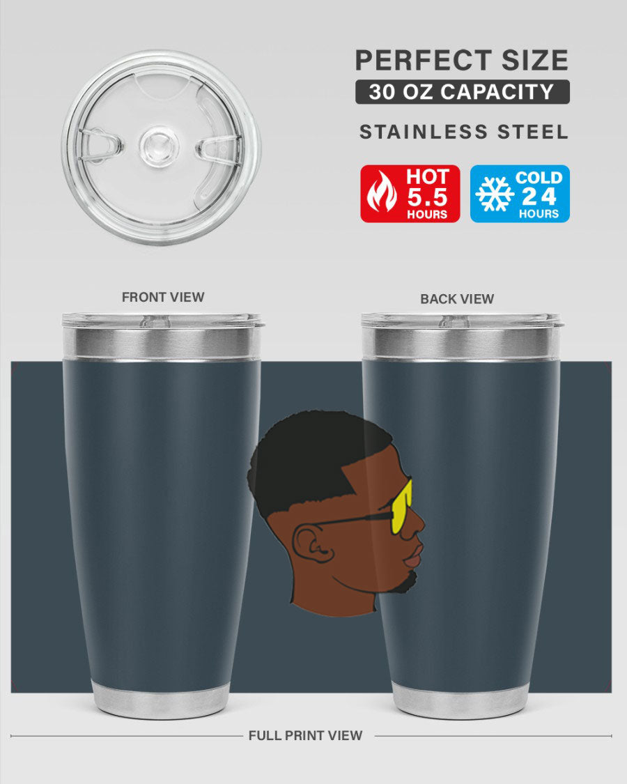 Black man 27# tumbler, 20oz stainless steel with double wall vacuum insulation, featuring a drink-thru lid.