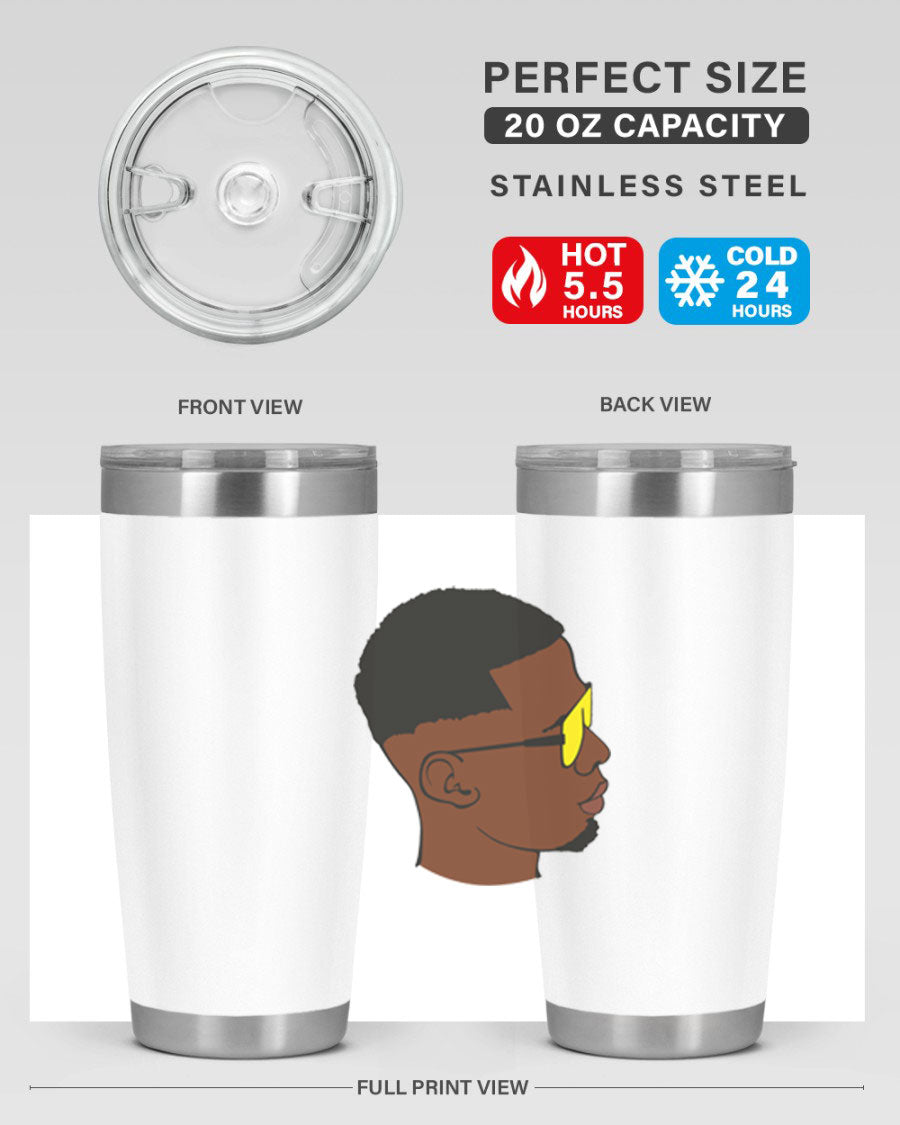 Black man 27# tumbler, 20oz stainless steel with double wall vacuum insulation, featuring a drink-thru lid.