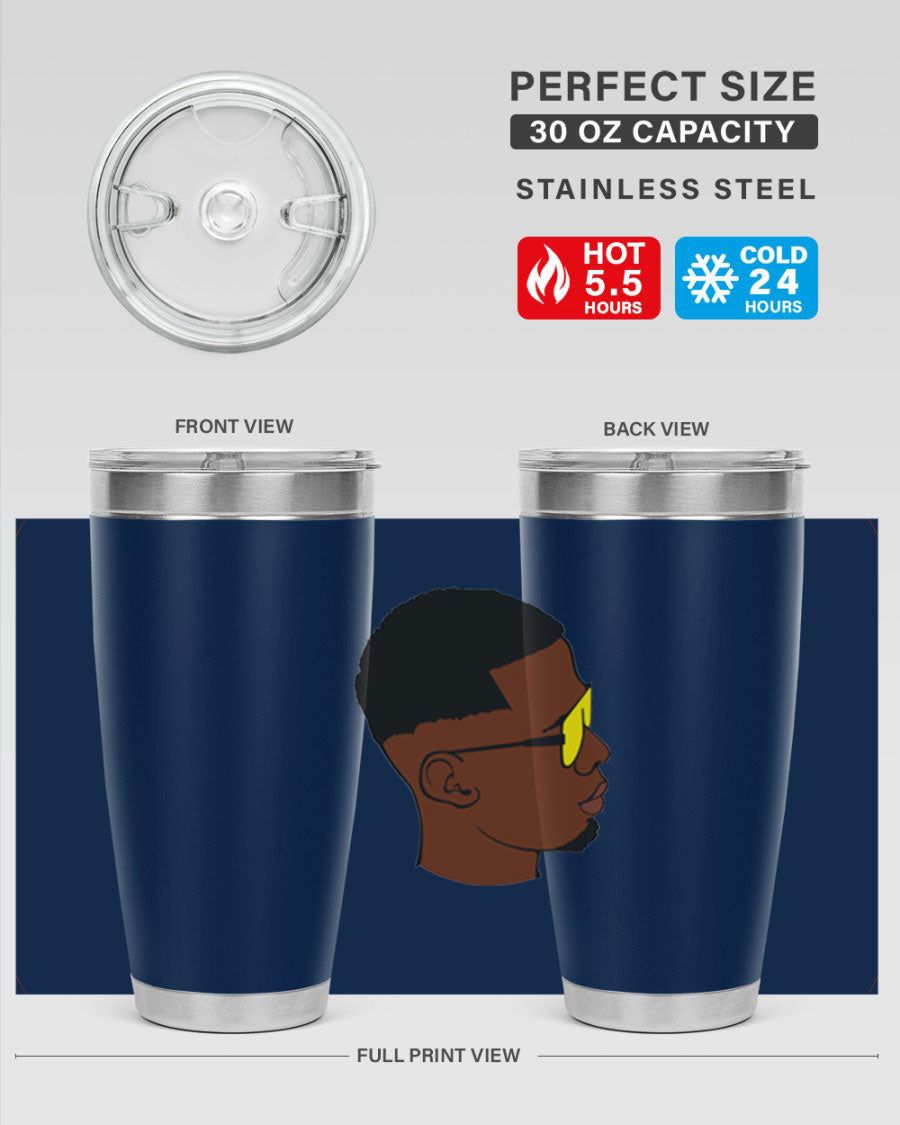 Black man 27# tumbler, 20oz stainless steel with double wall vacuum insulation, featuring a drink-thru lid.