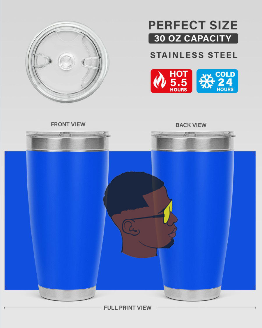 Black man 27# tumbler, 20oz stainless steel with double wall vacuum insulation, featuring a drink-thru lid.