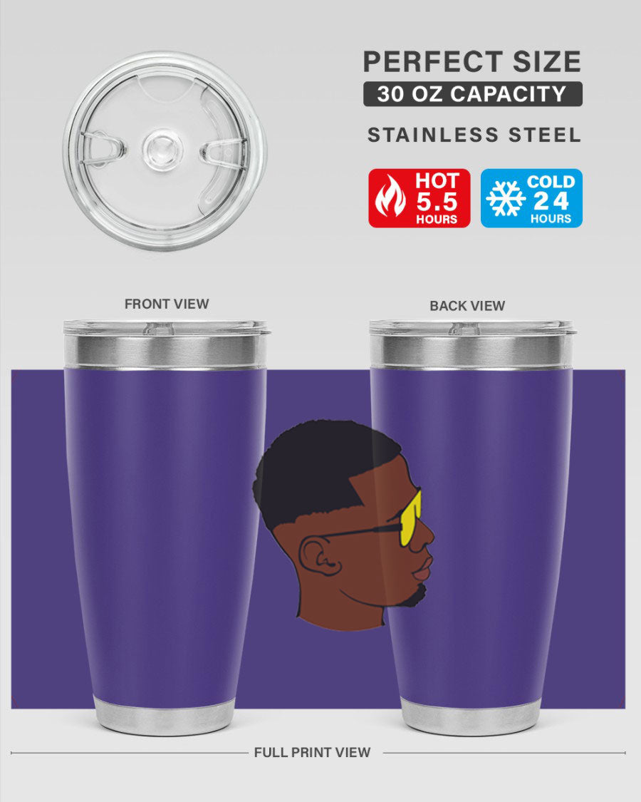 Black man 27# tumbler, 20oz stainless steel with double wall vacuum insulation, featuring a drink-thru lid.