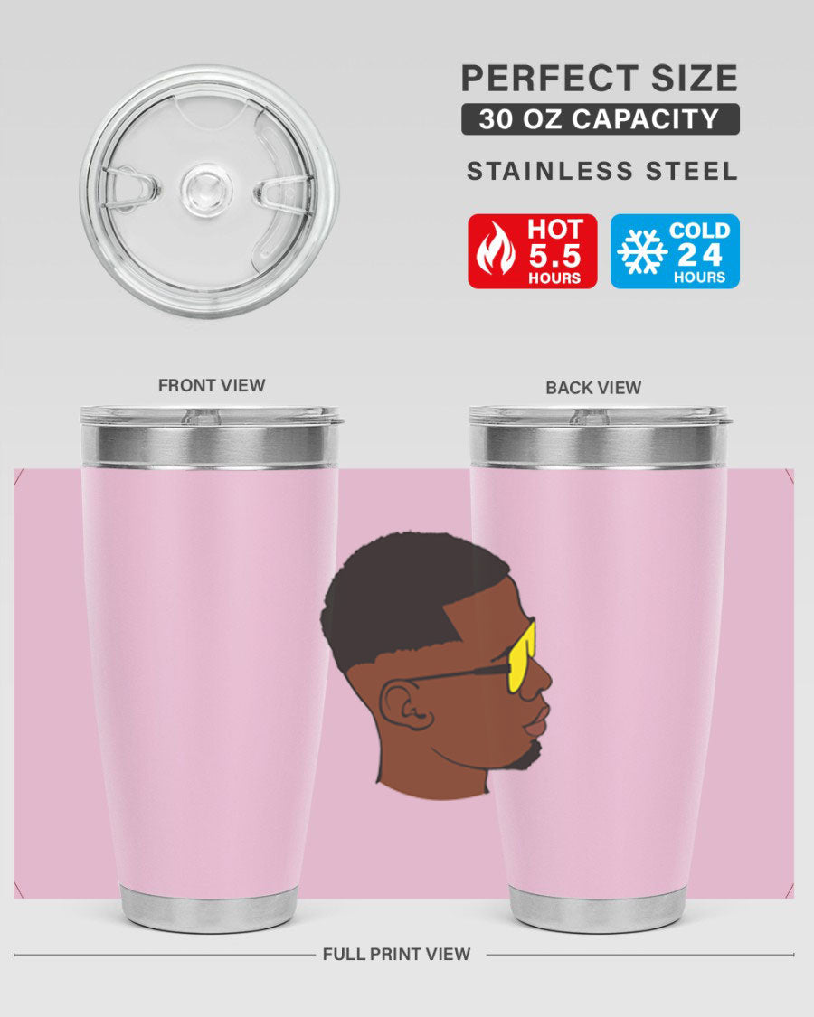 Black man 27# tumbler, 20oz stainless steel with double wall vacuum insulation, featuring a drink-thru lid.