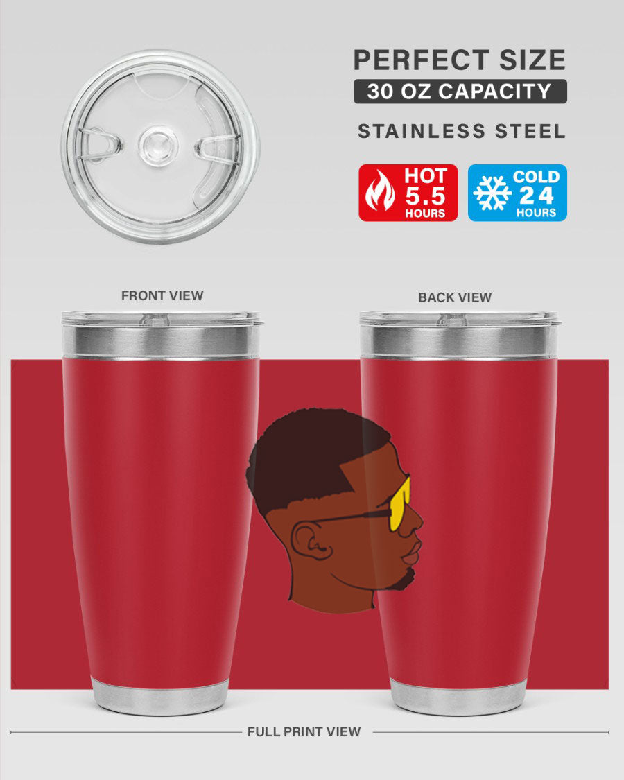 Black man 27# tumbler, 20oz stainless steel with double wall vacuum insulation, featuring a drink-thru lid.