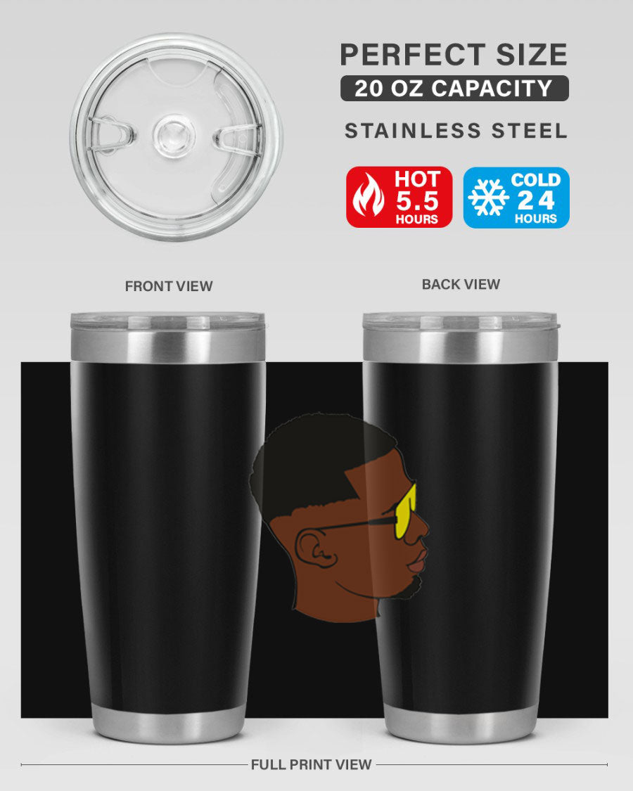 Black man 27# tumbler, 20oz stainless steel with double wall vacuum insulation, featuring a drink-thru lid.