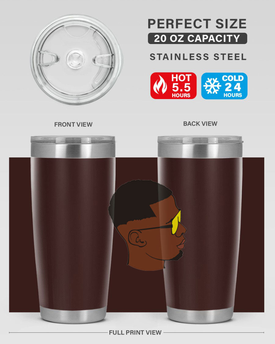 Black man 27# tumbler, 20oz stainless steel with double wall vacuum insulation, featuring a drink-thru lid.