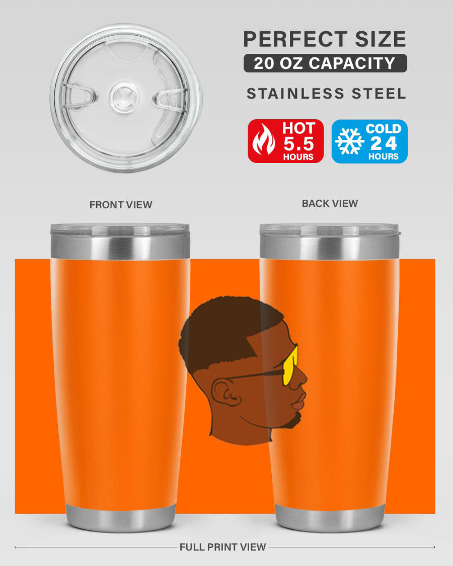 Black man 27# tumbler, 20oz stainless steel with double wall vacuum insulation, featuring a drink-thru lid.