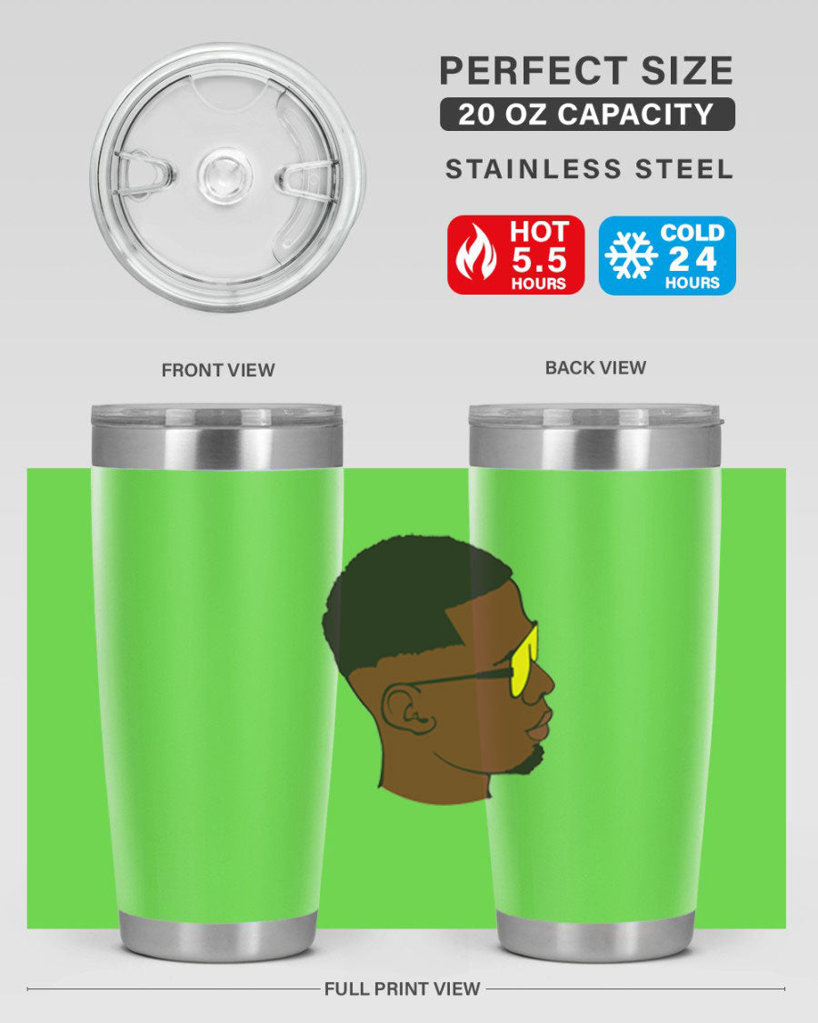 Black man 27# tumbler, 20oz stainless steel with double wall vacuum insulation, featuring a drink-thru lid.