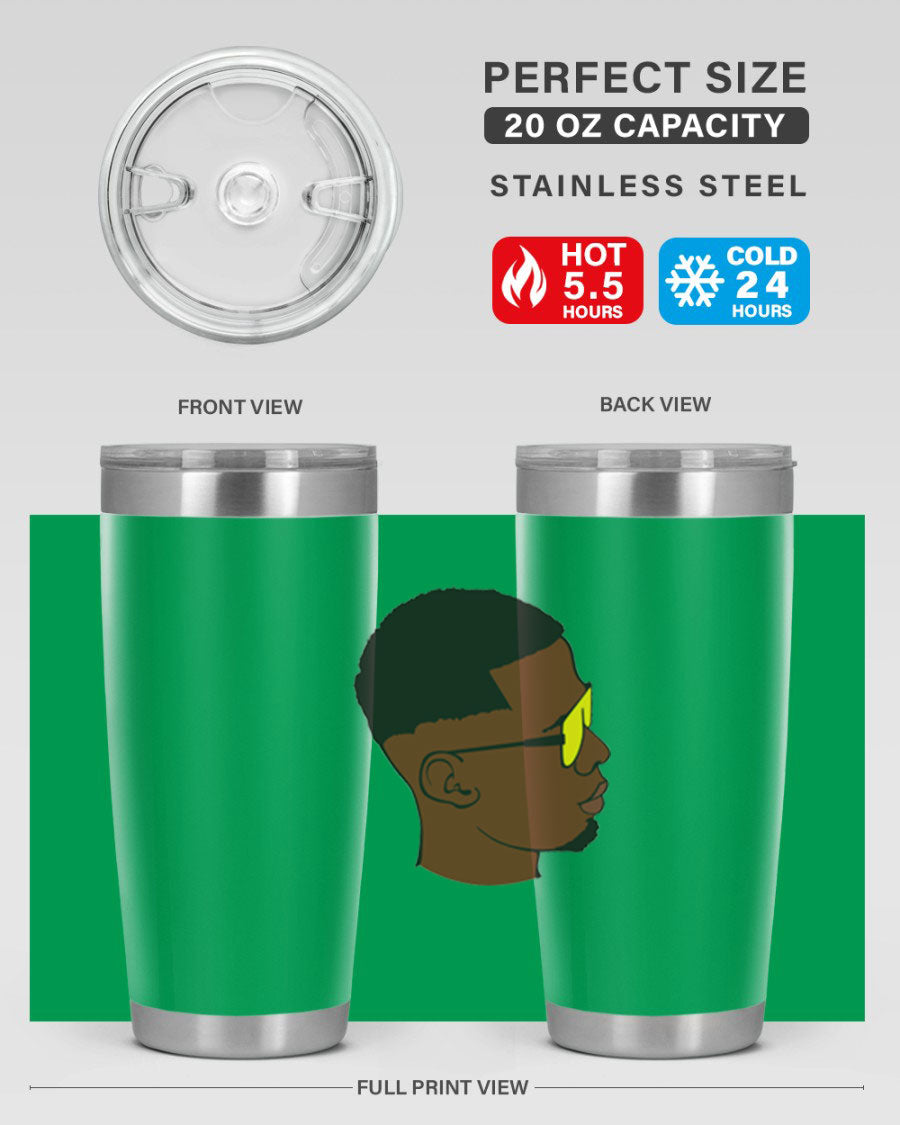 Black man 27# tumbler, 20oz stainless steel with double wall vacuum insulation, featuring a drink-thru lid.