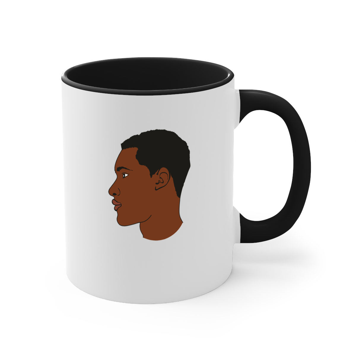Black man 34# Mug featuring a glossy finish, colored handle, and interior, available in multiple colors and sizes.