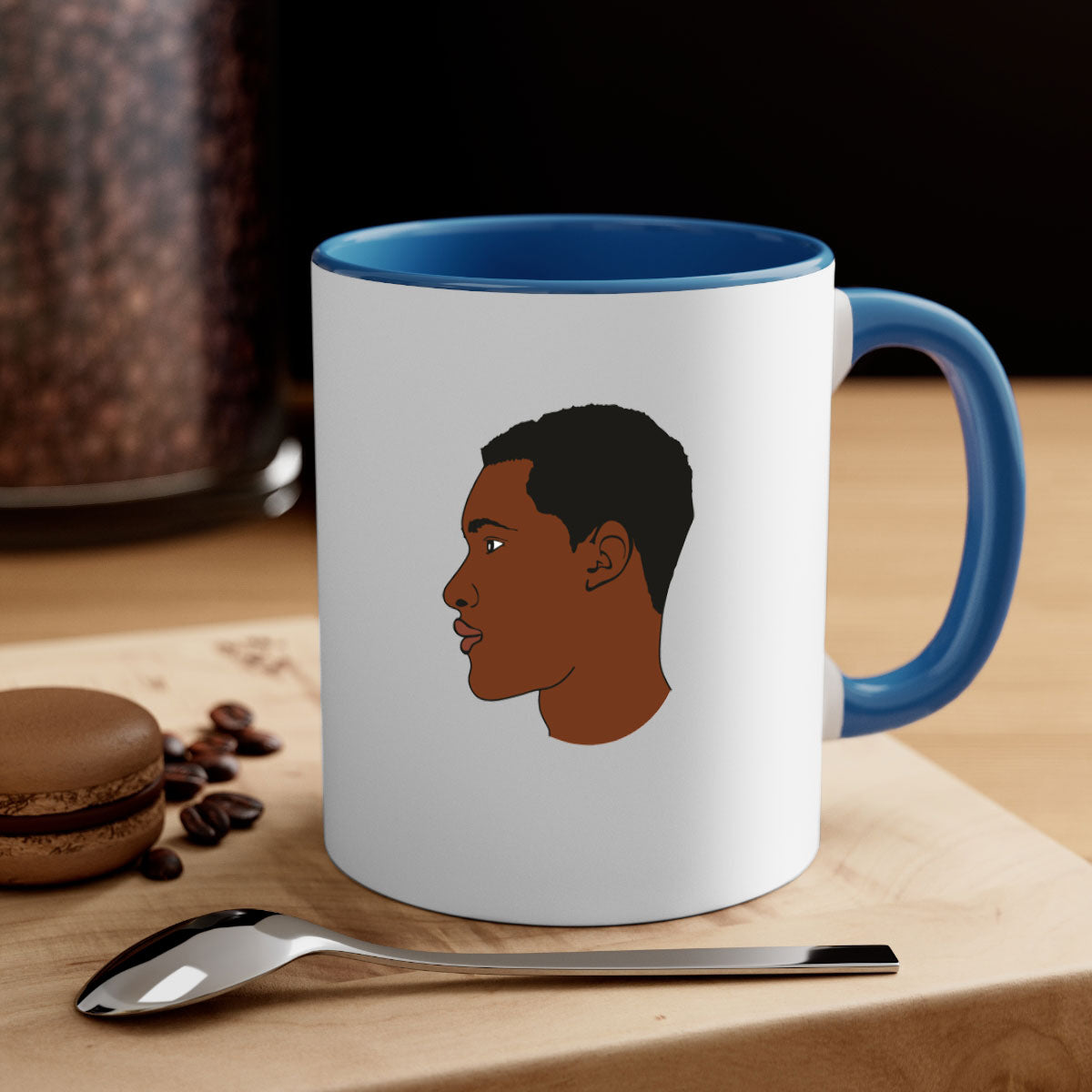 Black man 34# Mug featuring a glossy finish, colored handle, and interior, available in multiple colors and sizes.