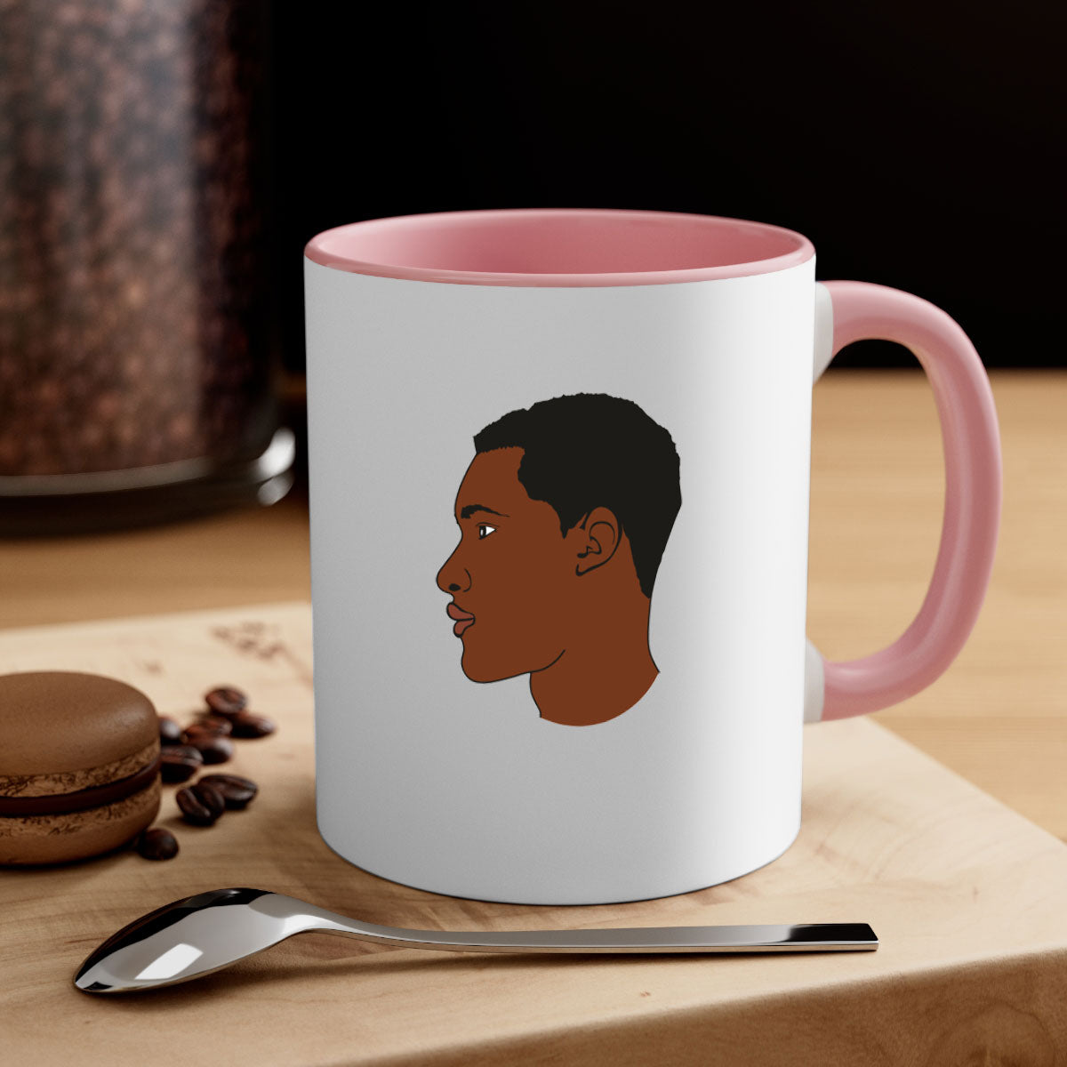 Black man 34# Mug featuring a glossy finish, colored handle, and interior, available in multiple colors and sizes.