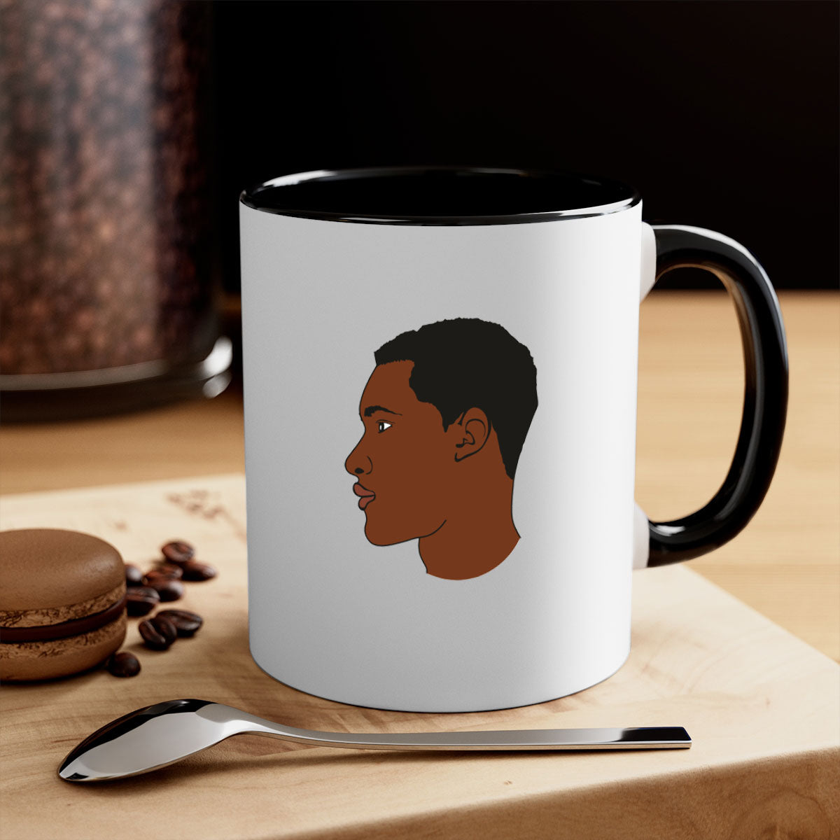 Black man 34# Mug featuring a glossy finish, colored handle, and interior, available in multiple colors and sizes.