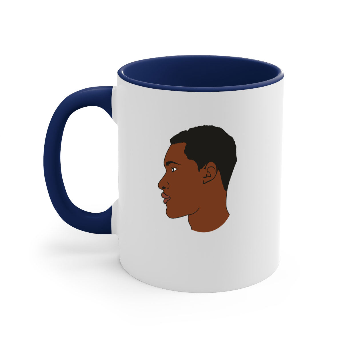 Black man 34# Mug featuring a glossy finish, colored handle, and interior, available in multiple colors and sizes.