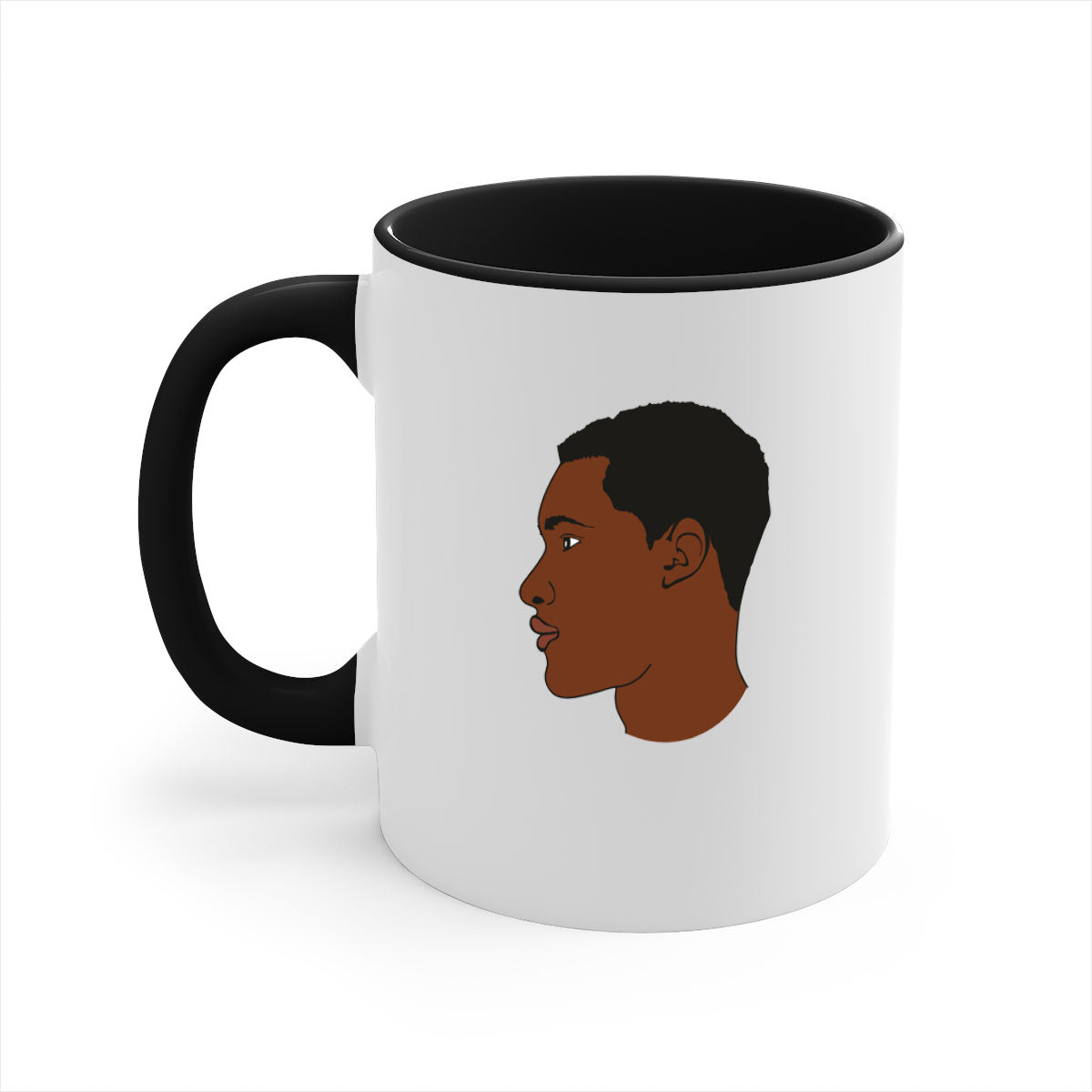 Black man 34# Mug featuring a glossy finish, colored handle, and interior, available in multiple colors and sizes.