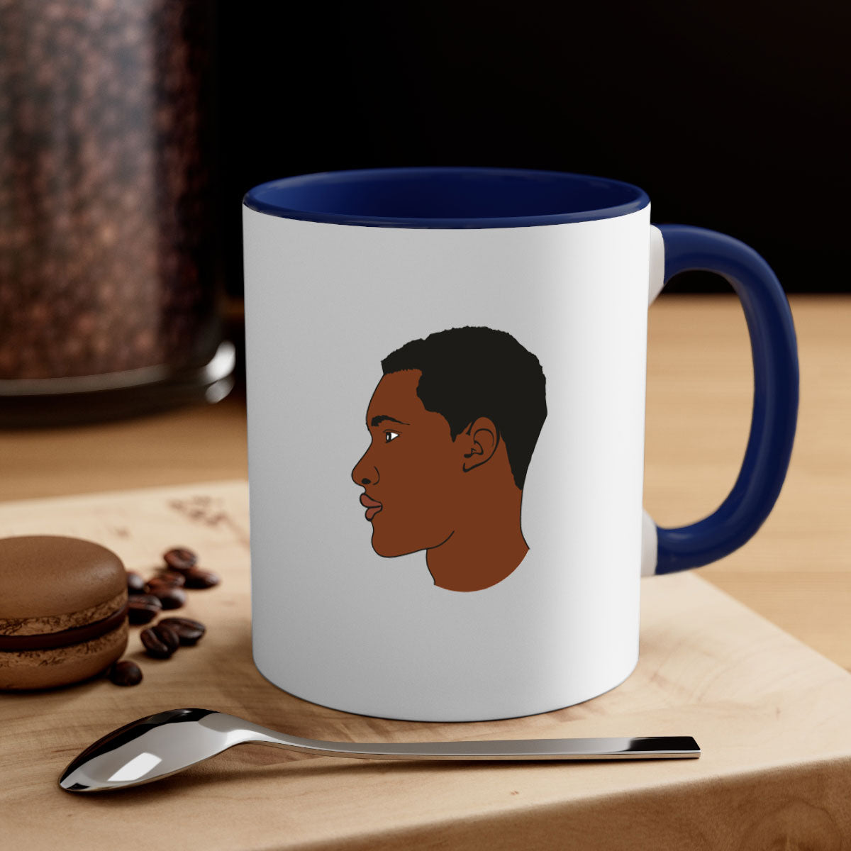 Black man 34# Mug featuring a glossy finish, colored handle, and interior, available in multiple colors and sizes.