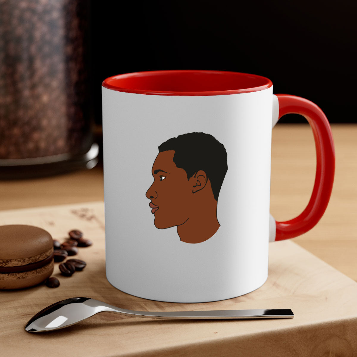 Black man 34# Mug featuring a glossy finish, colored handle, and interior, available in multiple colors and sizes.