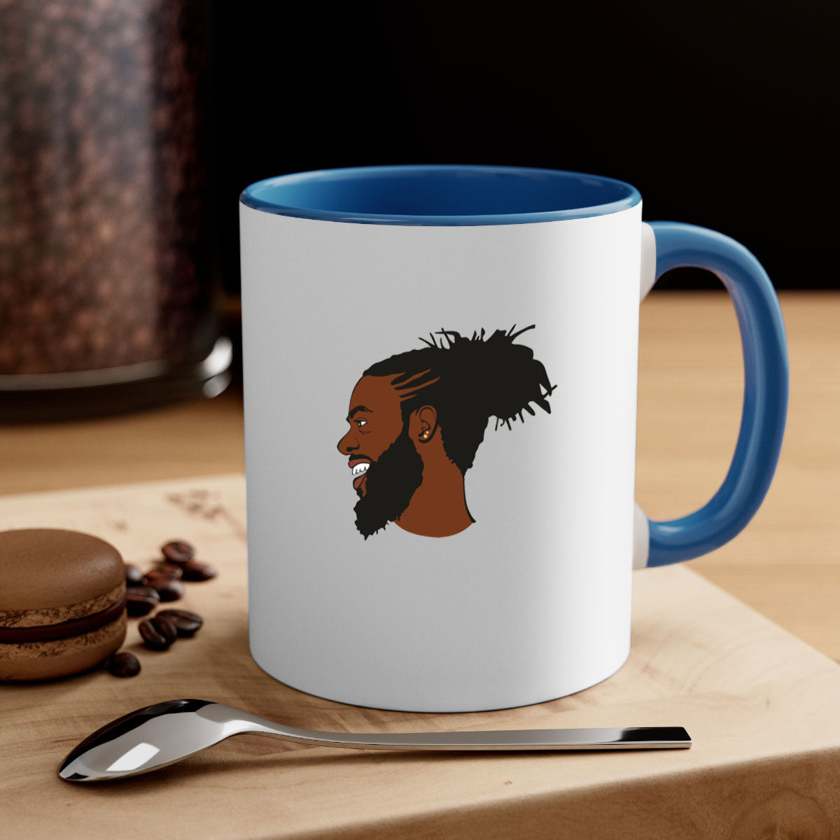 Black man 41# Mug featuring a glossy finish with a colored handle and interior, available in multiple colors and sizes.