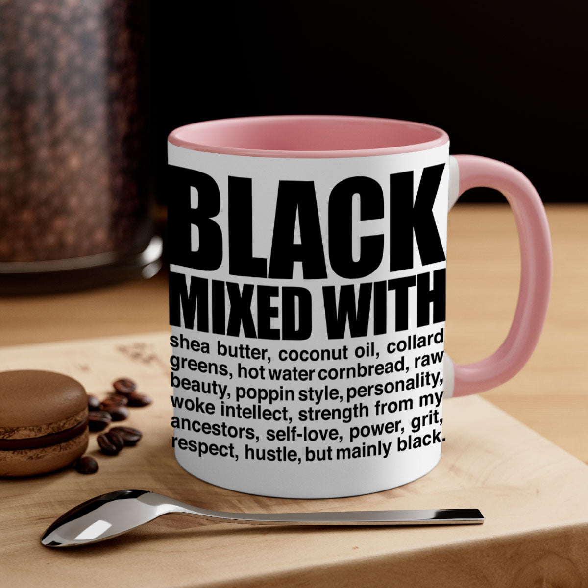 Black mixed with 227# Mug featuring a glossy finish, colored handle, and interior, available in two sizes.