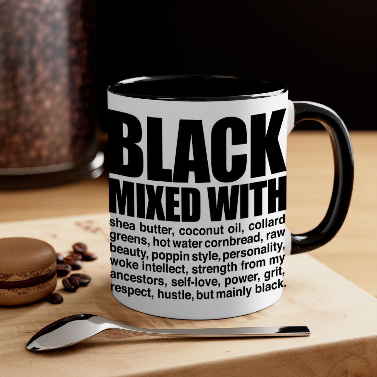 Black mixed with 227# Mug featuring a glossy finish, colored handle, and interior, available in two sizes.