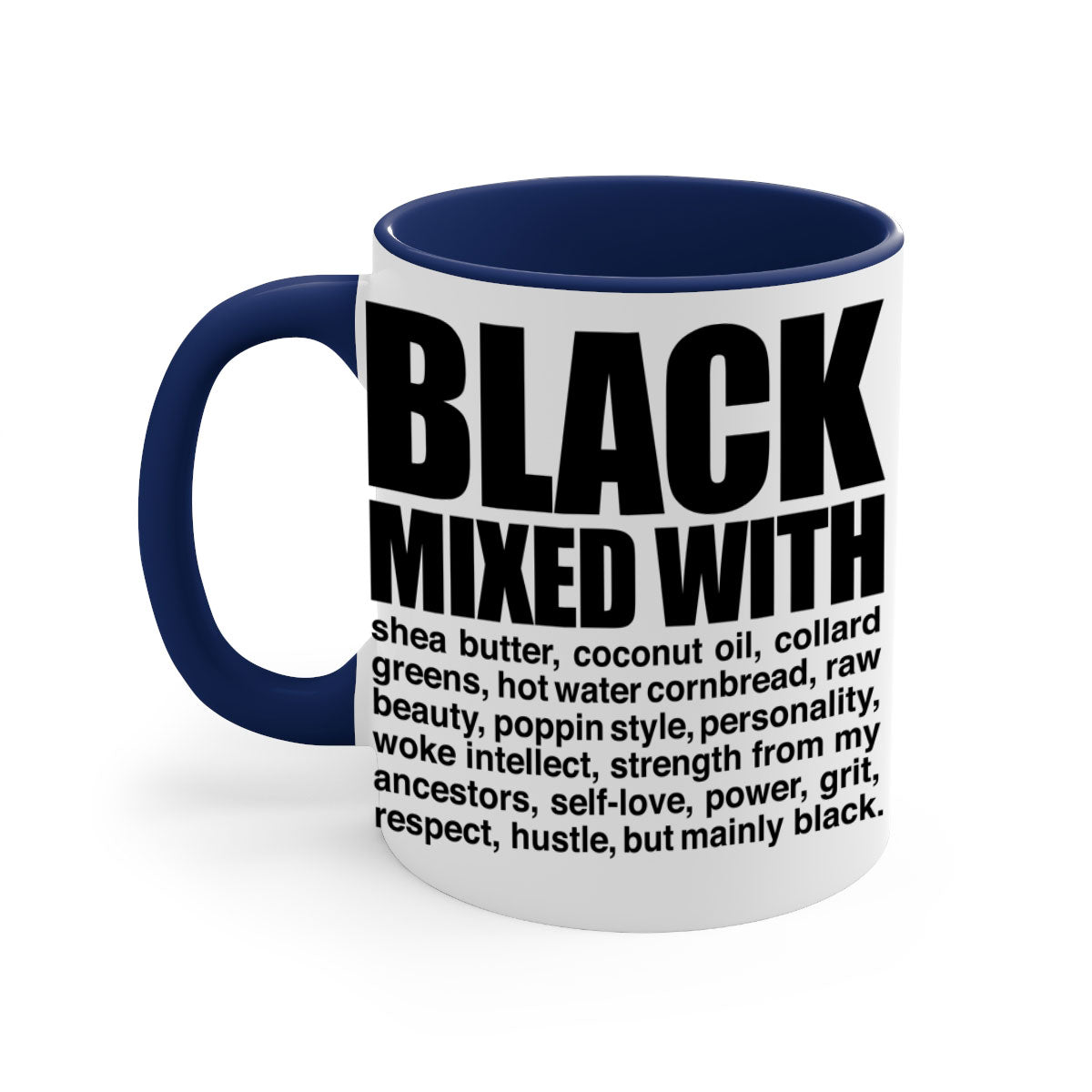 Black mixed with 227# Mug featuring a glossy finish, colored handle, and interior, available in two sizes.