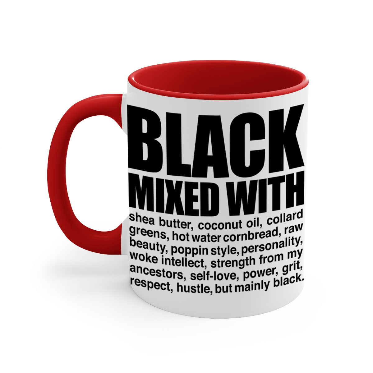 Black mixed with 227# Mug featuring a glossy finish, colored handle, and interior, available in two sizes.
