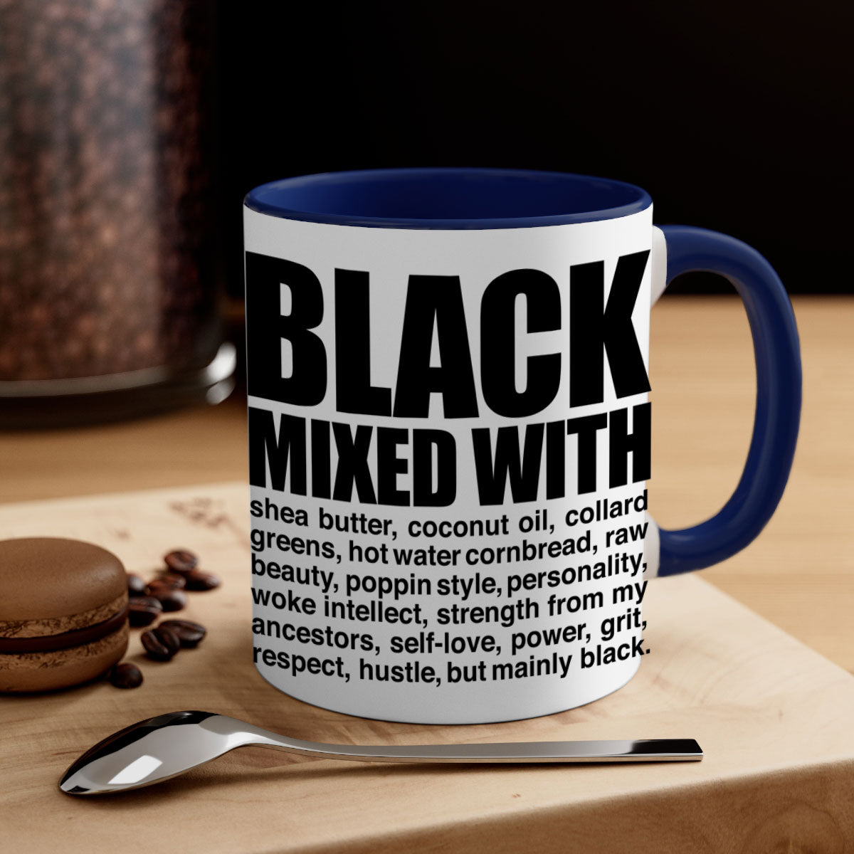 Black mixed with 227# Mug featuring a glossy finish, colored handle, and interior, available in two sizes.