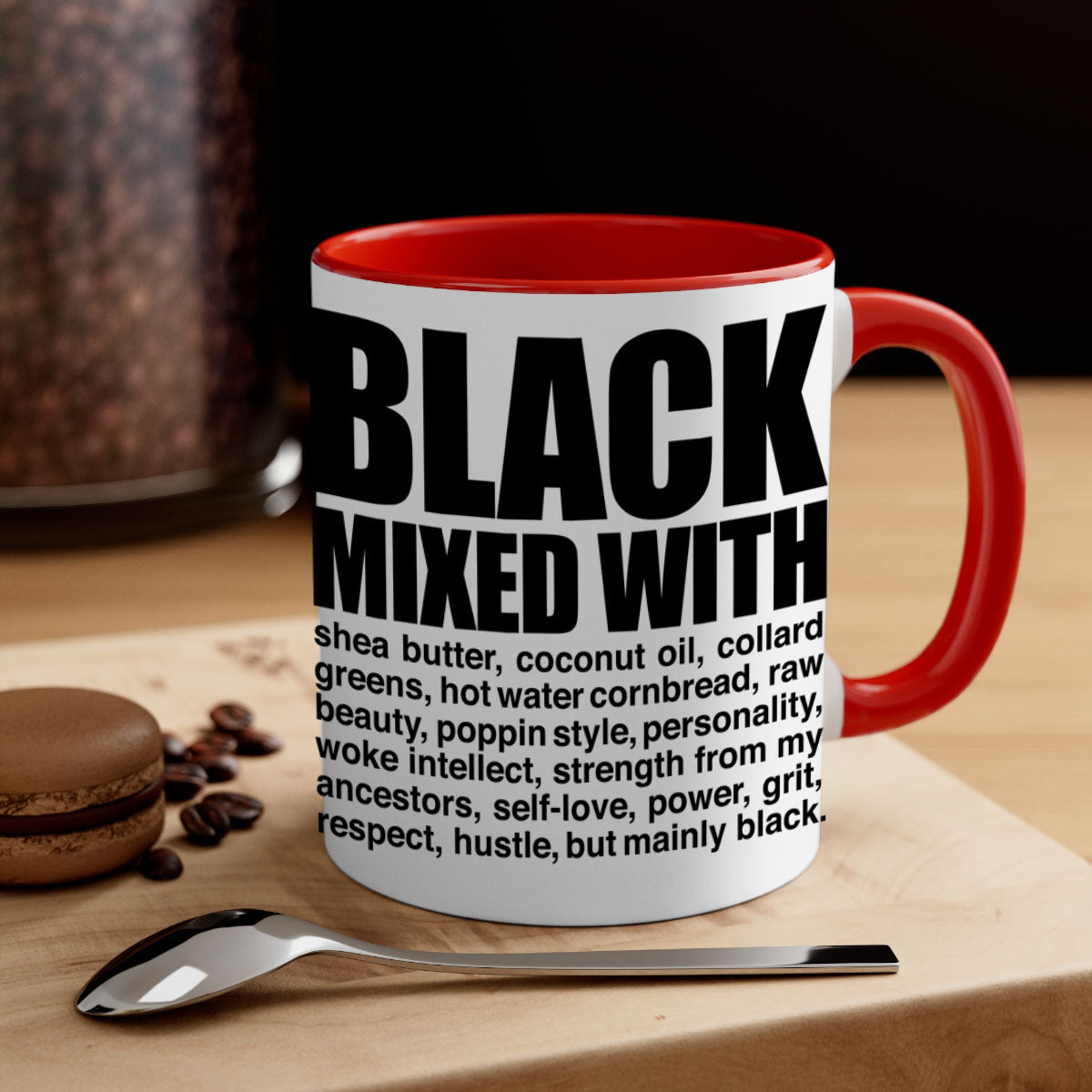 Black mixed with 227# Mug featuring a glossy finish, colored handle, and interior, available in two sizes.
