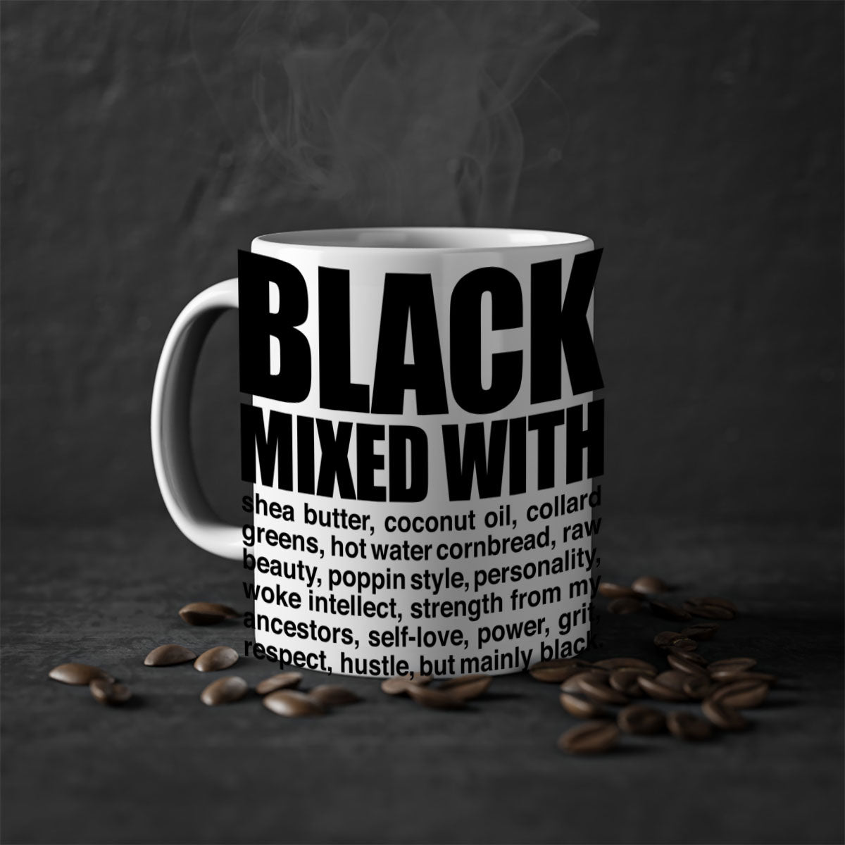 Black mixed with 227# Mug featuring a glossy finish, colored handle, and interior, available in two sizes.