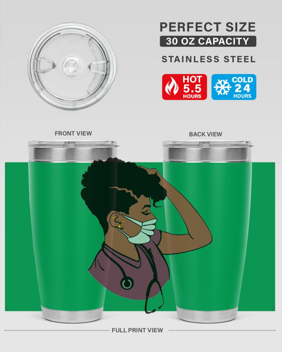 Black Nurse Tumbler featuring double wall vacuum stainless steel design, perfect for hot and cold beverages.