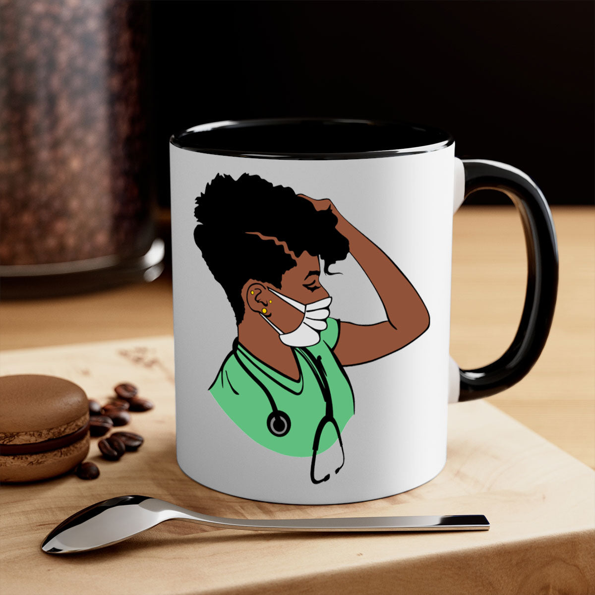 Black Nurse 2# Mug featuring a glossy finish, colored handle, and interior, available in multiple colors and sizes.